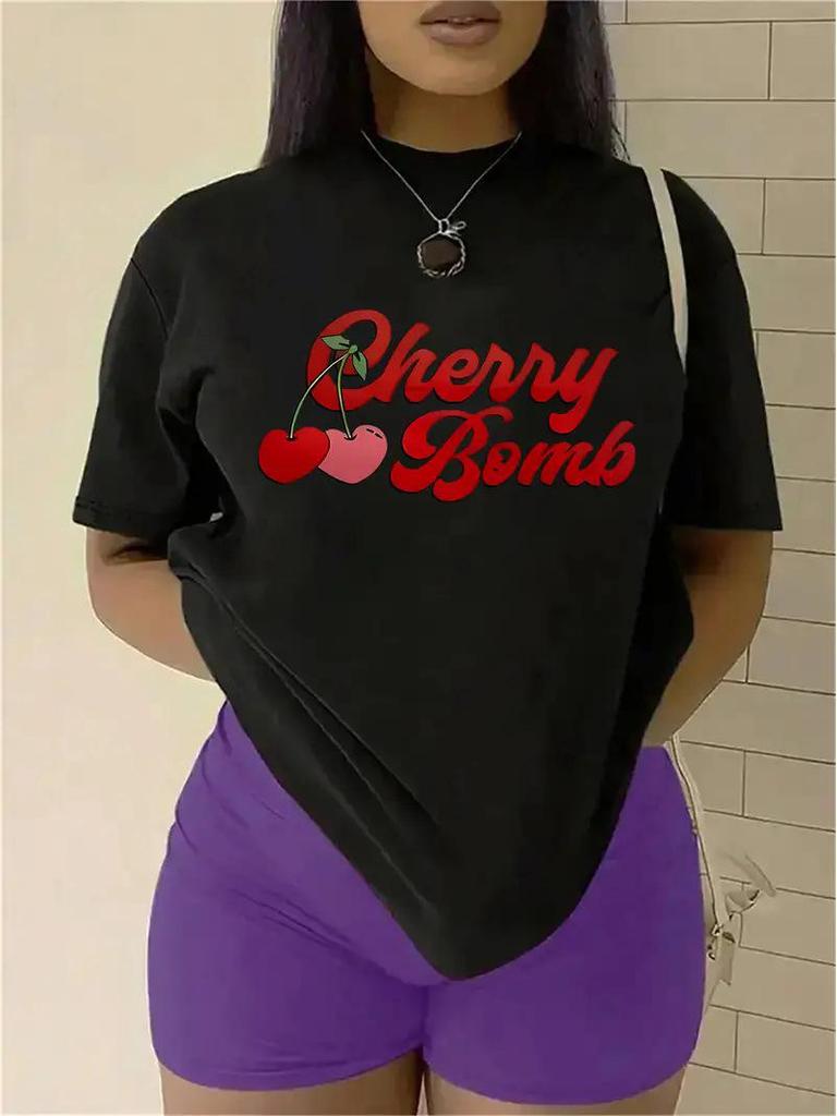 Women's Cherry Print Short-Sleeve Top with Free Shipping