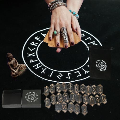 Rune Card Set - Wooden Rune Stone Set | Wood Rune Stone Card Set with 25 Rune Cards, Storage Bag, and Tablecloth for Divination and Meditation