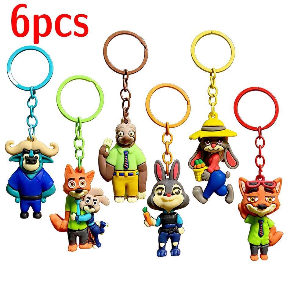 6PCS New Cute Zoo Keychain Cartoon Character Judy Nick Chief Bogo Keyring Hanging Couples Bag Decoration Festival Gift PVC Carry Mini Lightweight 2