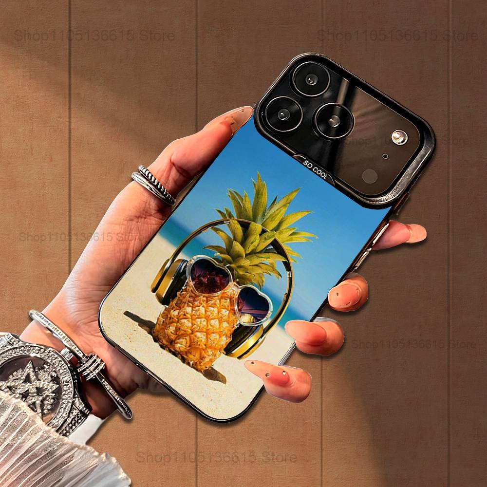 Cute Pineappl Art Fruit  Case For iPhone 16,15,14,17,13,12,11,Mini,Pro,SE,XS,MAX,Black Matte Silicone Cover