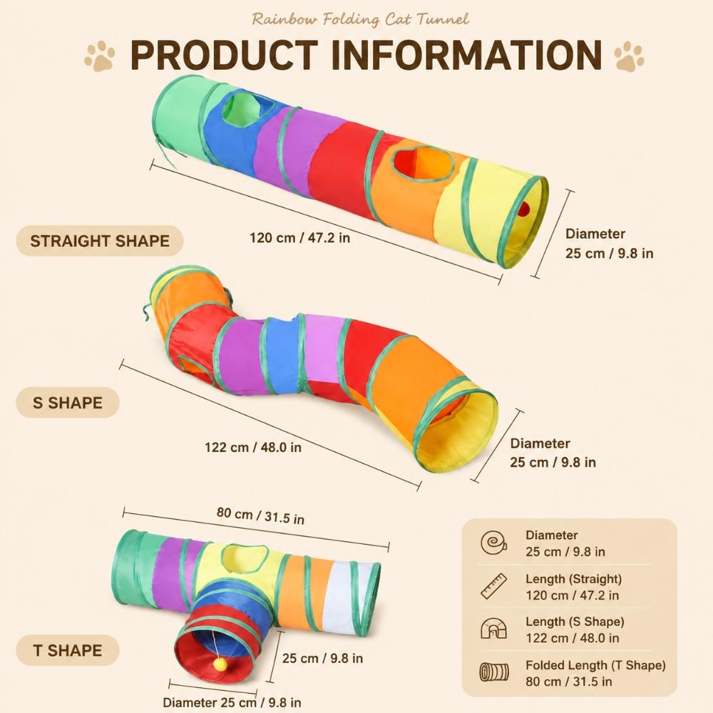 Rainbow Cat Tunnel Toy Folding Pet Play Tubes with Crinkle Paper & Bell Ball for Indoor Cats Rabbits Small Animals S I Y Shape