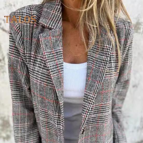 Dressjakke for kvinner Lapel Langermet Houndstooth Print Single-Breasted Cardigan Style Dressjakke med klafflommer Løs passform Business Yttertøy