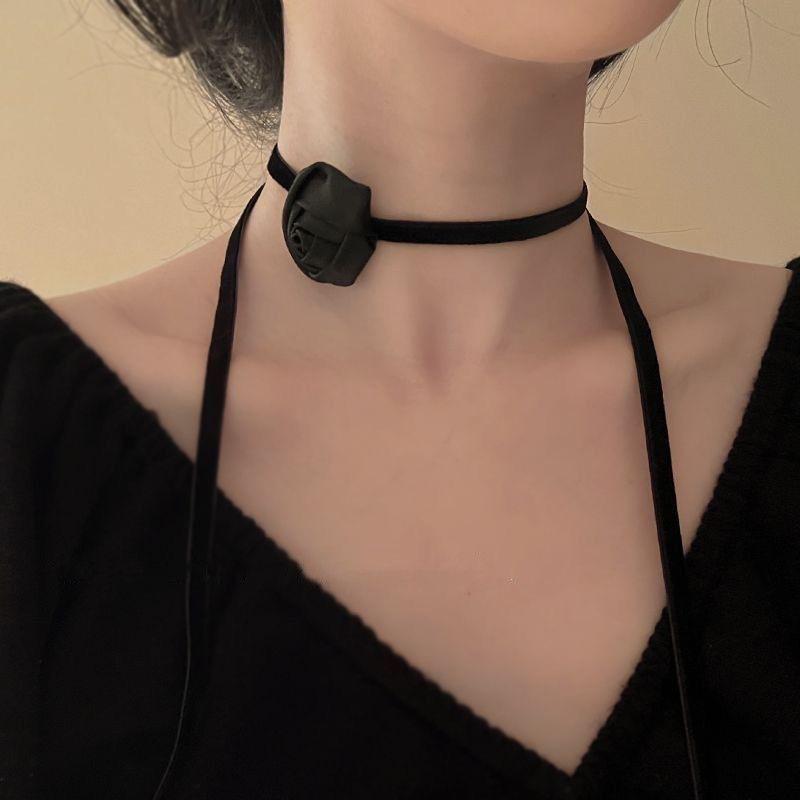 1PC Romantic Women Pearl Choker Camellia Necklace Black White Summer Clavicle Chain With Flowers Pearl Party Wedding Jewelry