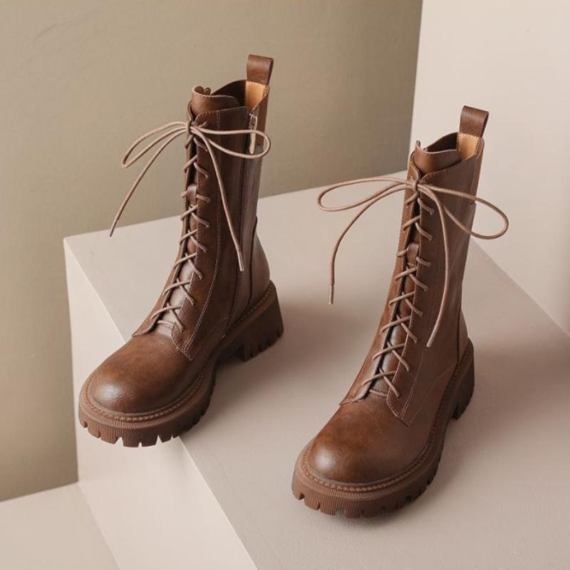 Round Toe Platform with Laces Leather Mid Calf Shoes Woman Autumn Winter Fleece-Lined Gothic New in Half High Boots for Women