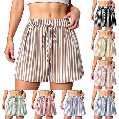 Women Striped Drawstring Waist Casual Shorts with Pockets Loose Fit Lightweight Breathable Beach Holiday Wear for Summer