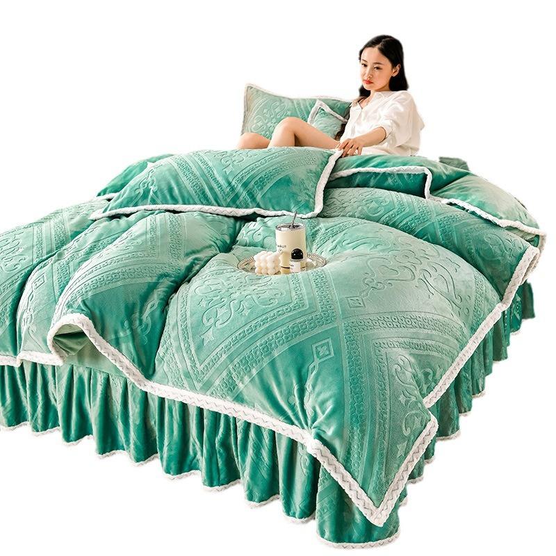 Class A Maternal And Infant Grade High-Gram Carved Fleece Milk Fleece Bed Skirt4-Pcs Set, Winter Double-Sided Fleece Quilt Cover