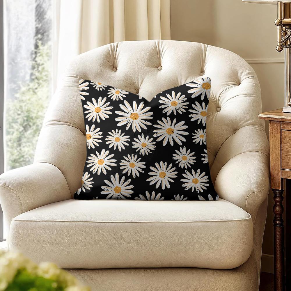 Black Daisy Cushion Cover Natural Linen Organic Fabric DoubleSided Printing Couch Pillow Covers Home Decor