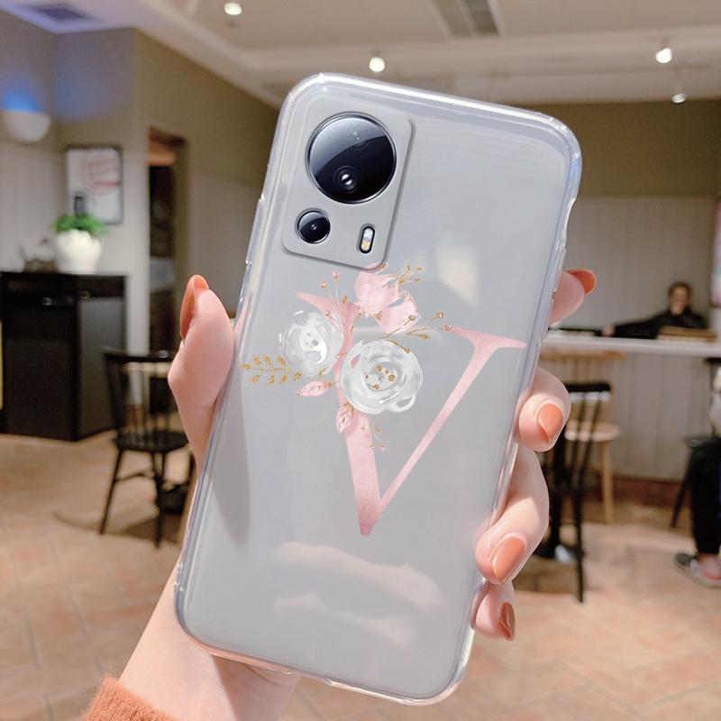 

Pink Flowers Initial Cover For Xiaomi 13 Lite Case Letter A To Z Transparent Soft TPU Protective Funda For Xiaomi 13 Lite Coque Xiaomi 13 Lite