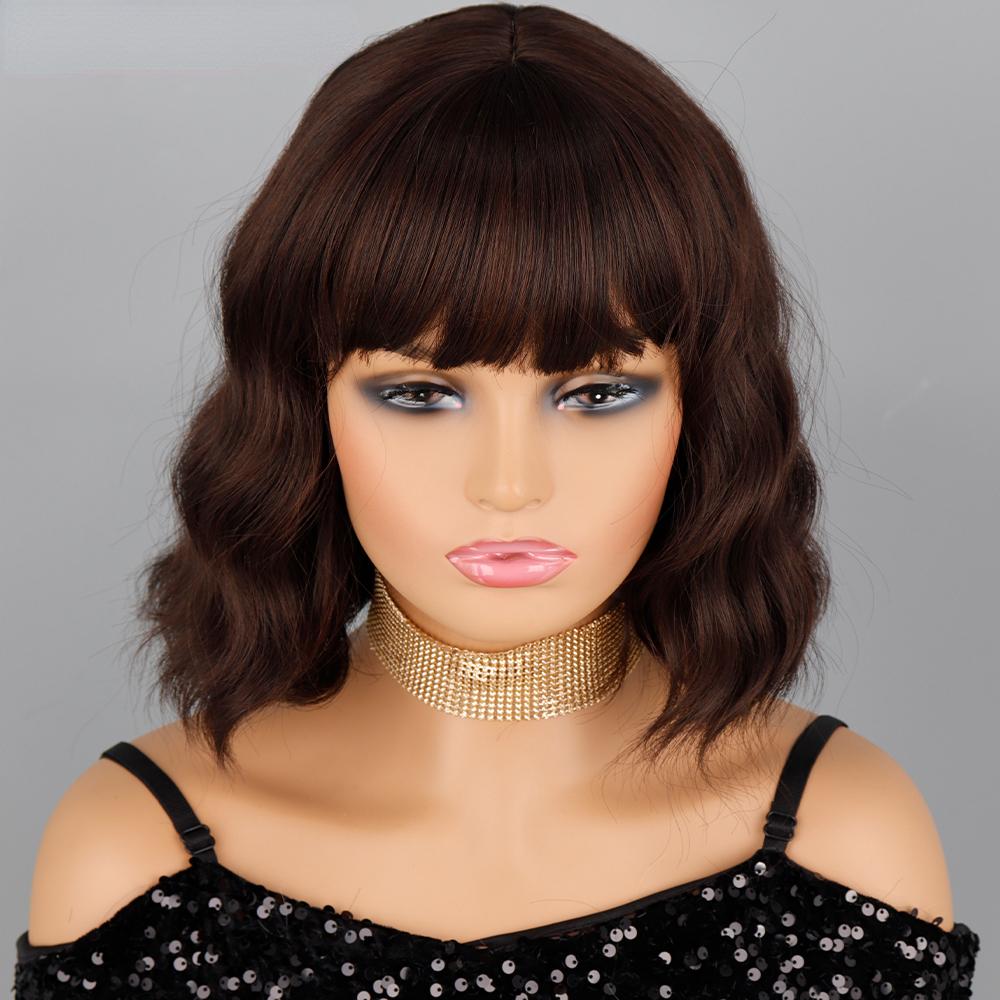 MISSQUEEN Cabelo curto ondulado com franja, cor natural, festa de feriado diária, fibra sintética, feminino