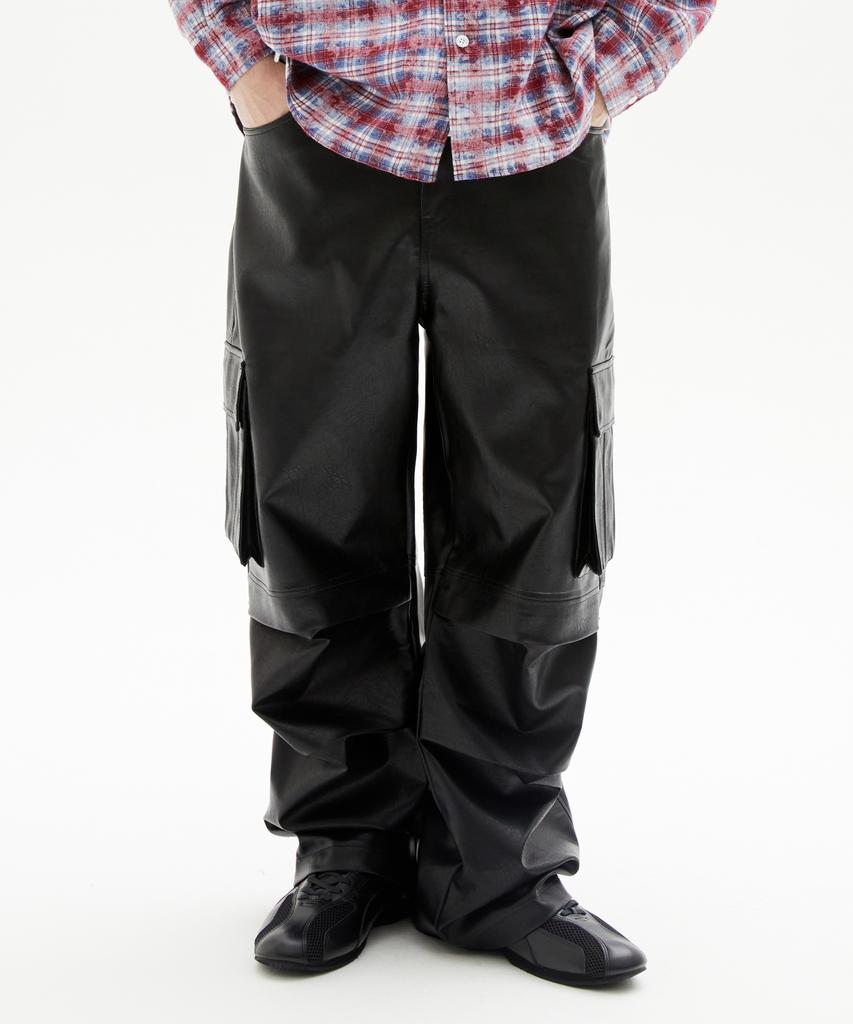Trillion Parachute Cargo Rivet Vegan Leather Pants (Black)