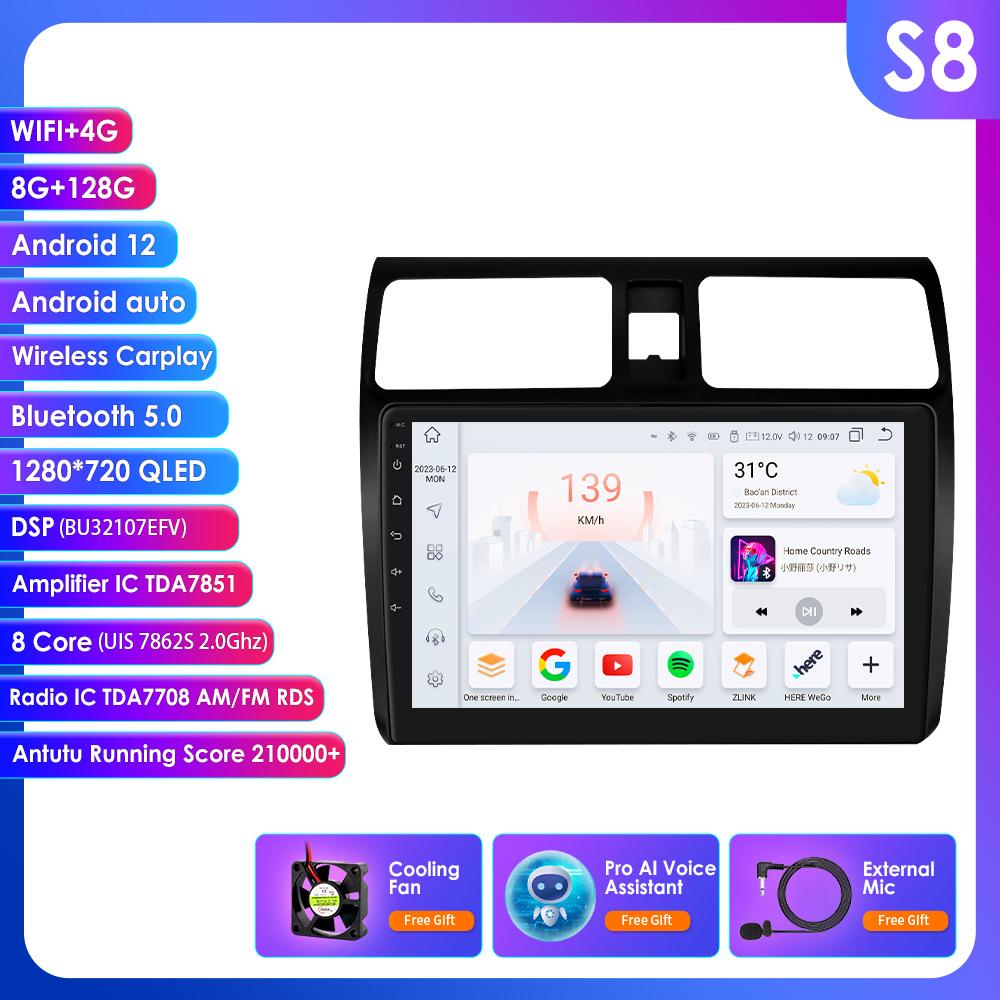 OSSURET Carplay 4G 2 Din Android 13 Car Multimedia Player for Suzuki Swift 2005-2010 Navigation GPS AutoRadio Stereo DSP BT SWC DVR Cam
