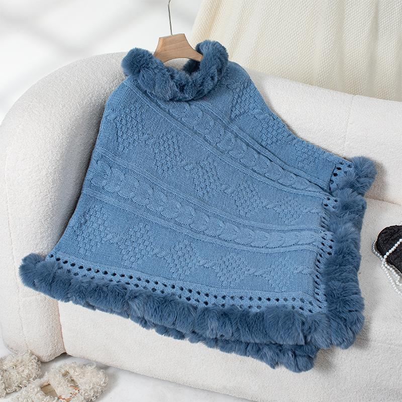 Casual Poncho for Women Solid Color Shawl Wrap Cape with Faux Fur Trim Winter Sleeveless Cloak Coat Womens Warm Pullover Luxury Knitted Sweater Poncho