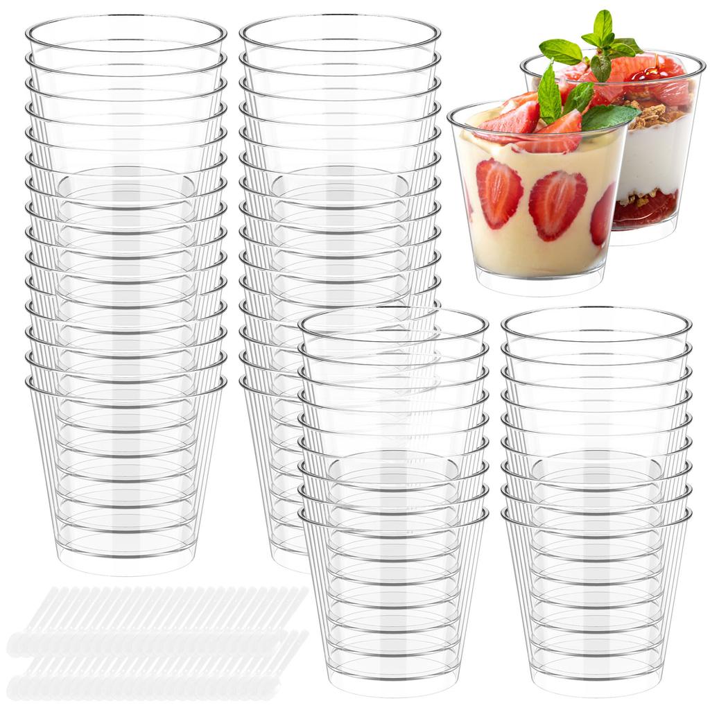 50Pcs Dessert Cups 200ML Round Parfait Appetizer Cups Plastic Dessert Cup for Pudding Mousse Yogurt Snacks Party Supplies