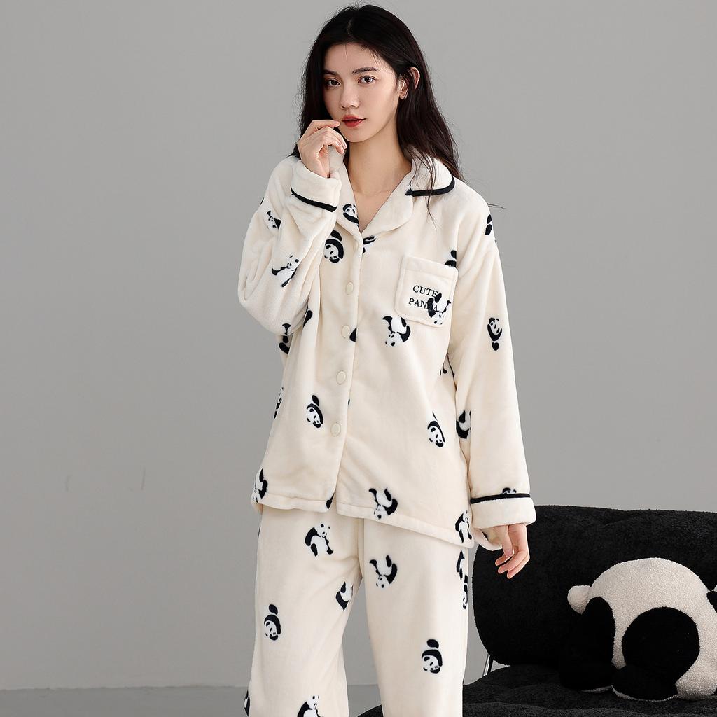 Coral Fleece Pajamas Women'S Autumn And Winter Flannel Fleece Thickened High-End Loungewear Warm Suit