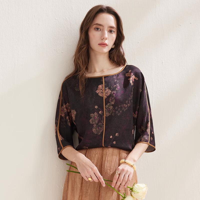 Zhaojun 2026 Mulberry Silk New Chinese Style Floral Piping Loose Seven-Sleeve Top