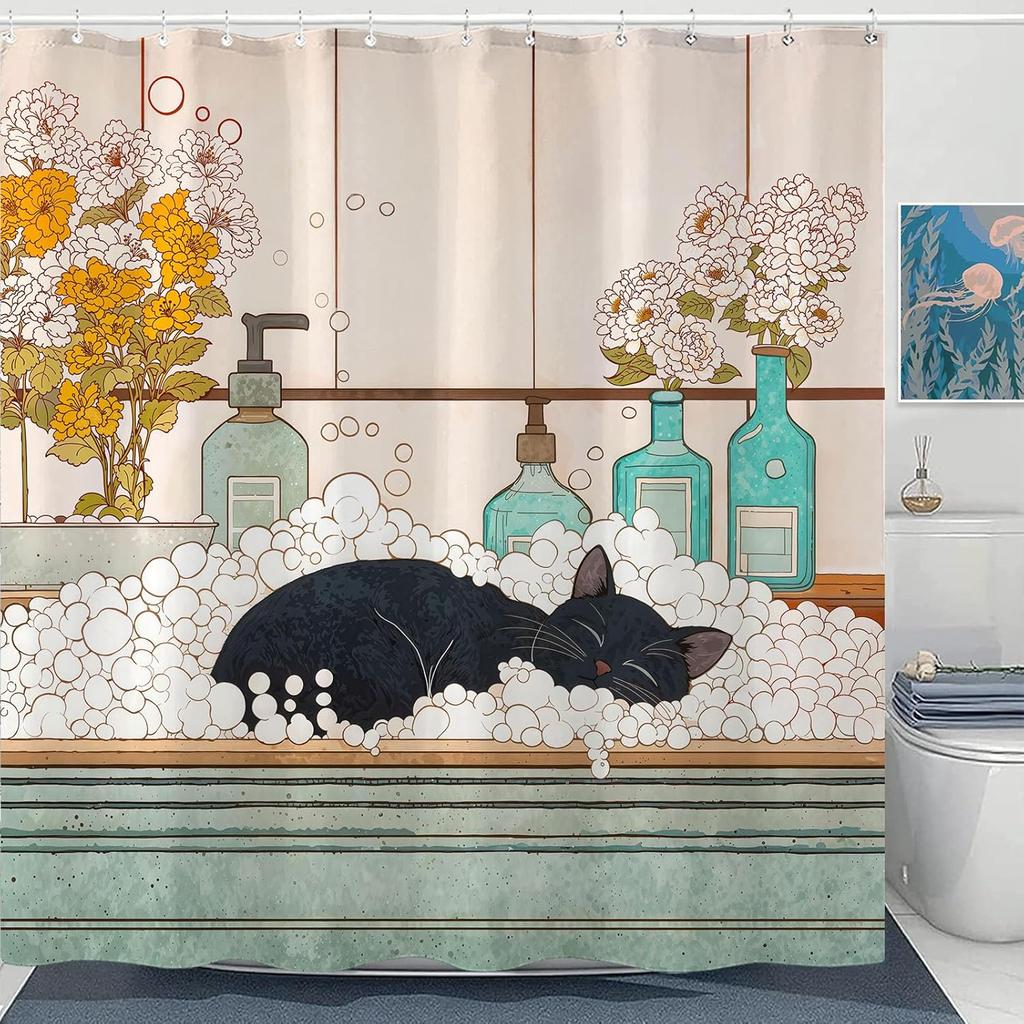 Peaceful Cat Shower Curtain Set Sleeping Feline Art Waterproof Bathroom Shower Curtain Serene Window Scene Print Cozy Home Decor