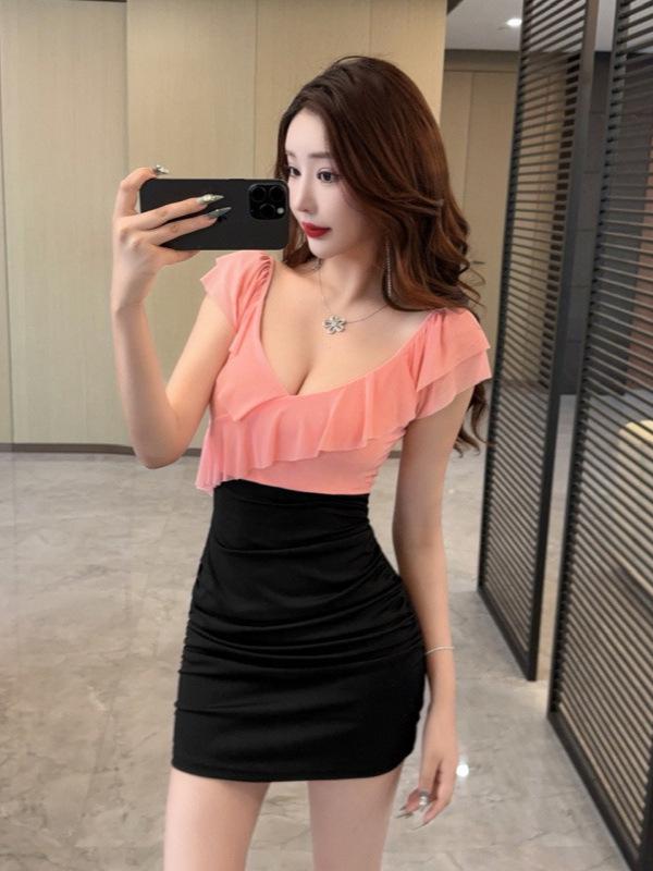 Schickes Damen-Bodycon-Bleistiftkleid aus Mesh mit tiefem Ausschnitt und Rüschenärmeln