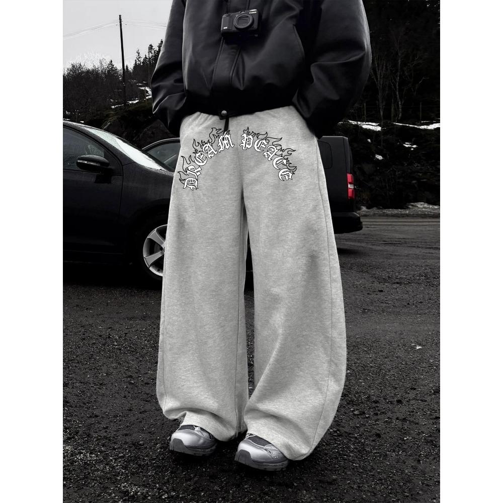 Men's Fashionable Wide Leg Pants Are Made of Polyester Fabric with Classic Letter Pattern Printing, Suitable for Loose and Casual Wear
