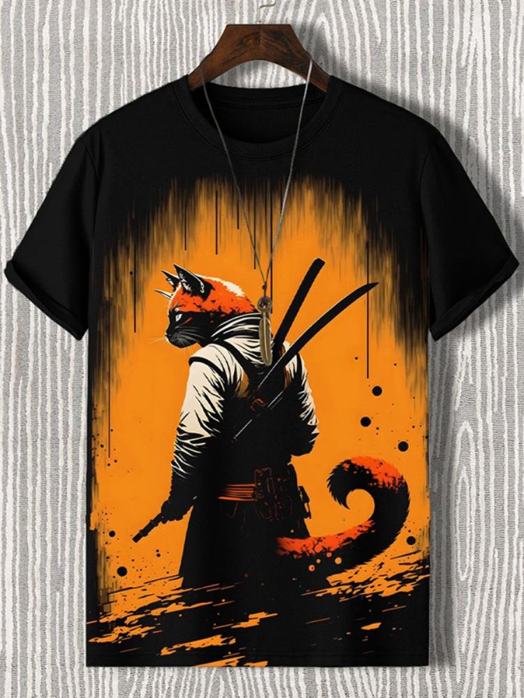 Japanese Ukiyo-e Animal Men's T-shirt with Cute Cat Pattern Print