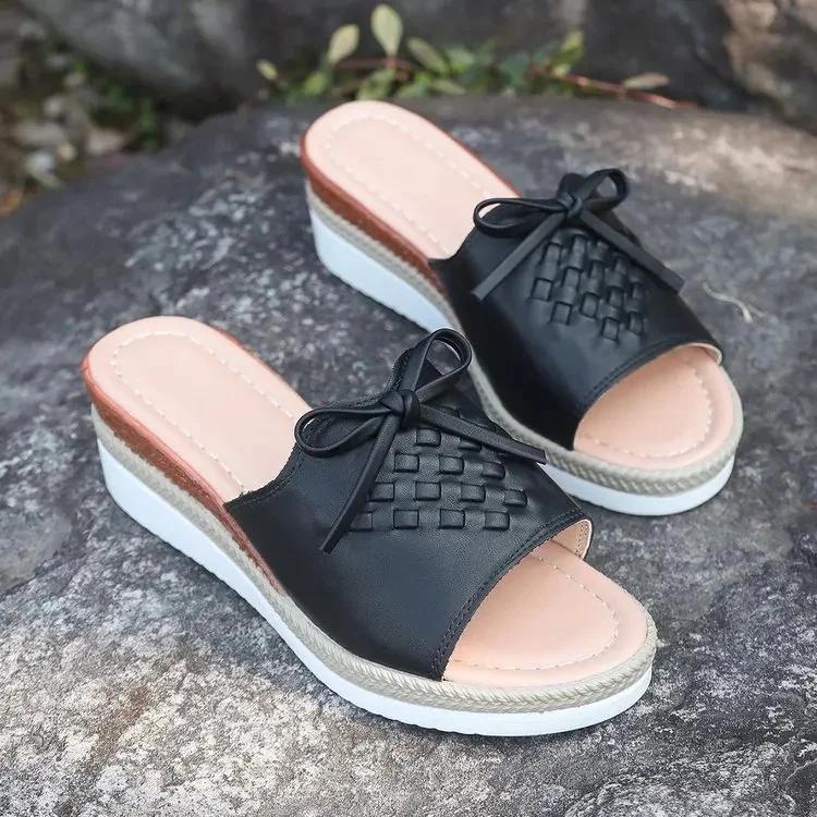 Fashion Pu Leather Women's Wedge Sandals Summer 2025 Bowknot Open Toe Plus Size Rome Sandals Woman Comfortable Lightweight Beach Sandles