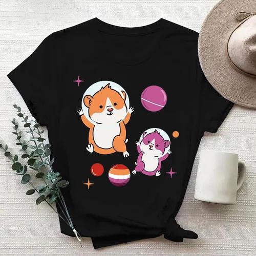 Cartoon Cute Hamster Cartoon Cute Hamster Baby Round Neck Big Size Round Neck Black T-shirt Woman Tops