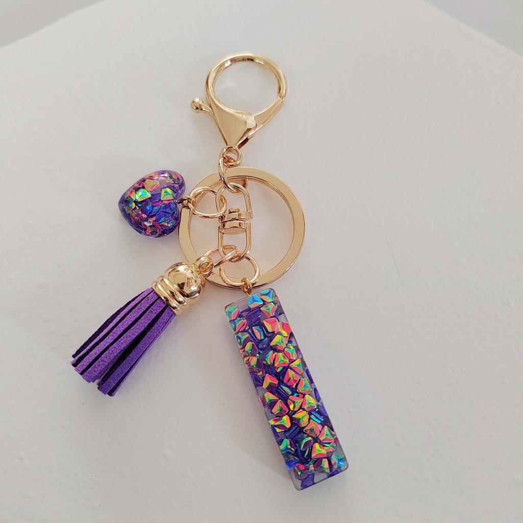 Candy Color Sequin Letter Keychain with Iridescent Heart and Tassel Charm