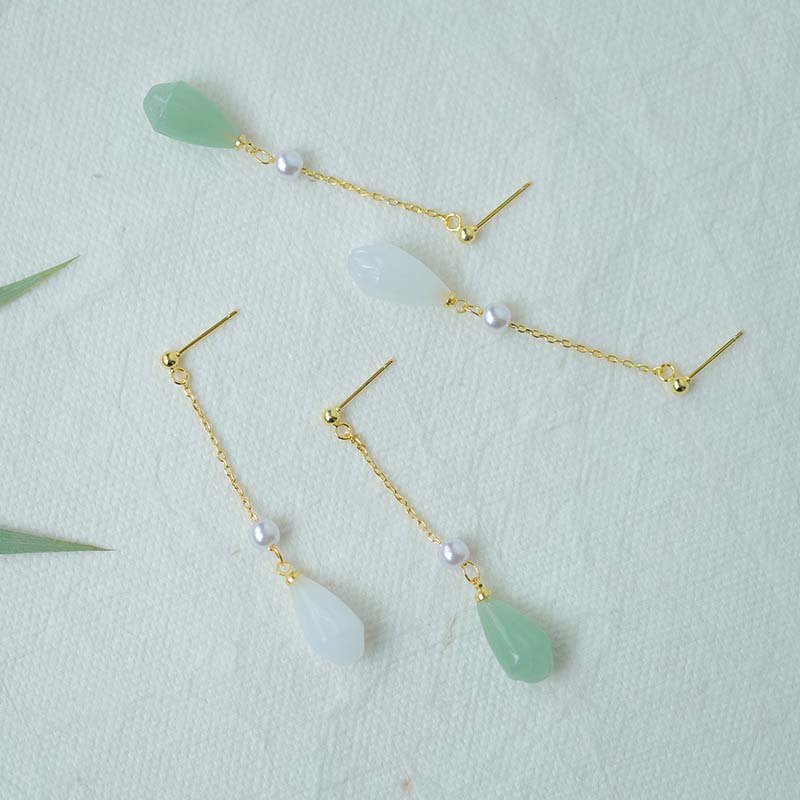 Vintage Hetian Jade Wassertropfen Ohrringe für Frauen Mode Grün Kristall Lange Quaste Perle Anhänger Ohrringe Partei Schmuck