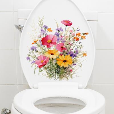 Bunter Blumen-Toilettenaufkleber, wasserdicht, abnehmbar, selbstklebend, PVC, Wanddekoration für Wohnzimmer und Badezimmer, Blumenpflanzen, Toilettensitzdeckel, Dekoration