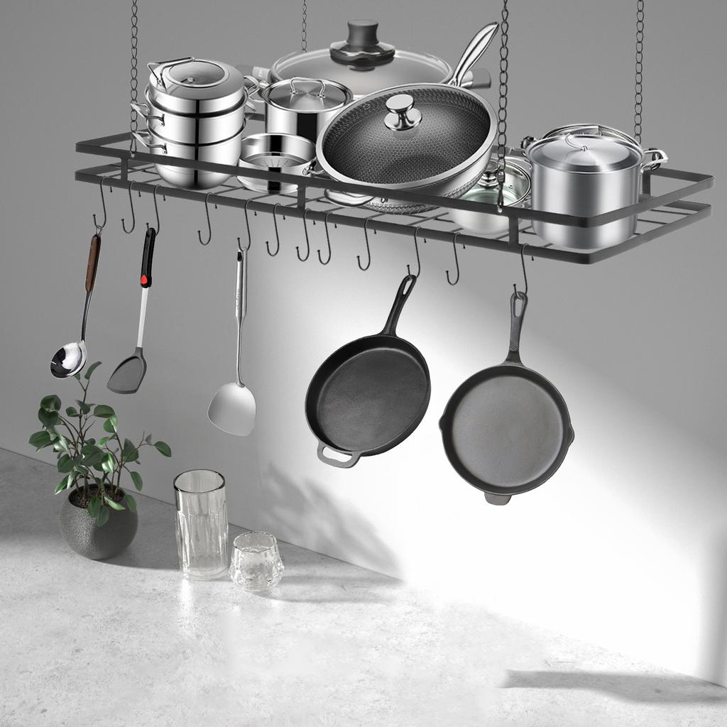 Black 12-Hook Overhead Pot and Pan Rack Organizer, Large 31.5 Inch Hanging Kitchen Utensils Storage for Home & Commercial Use