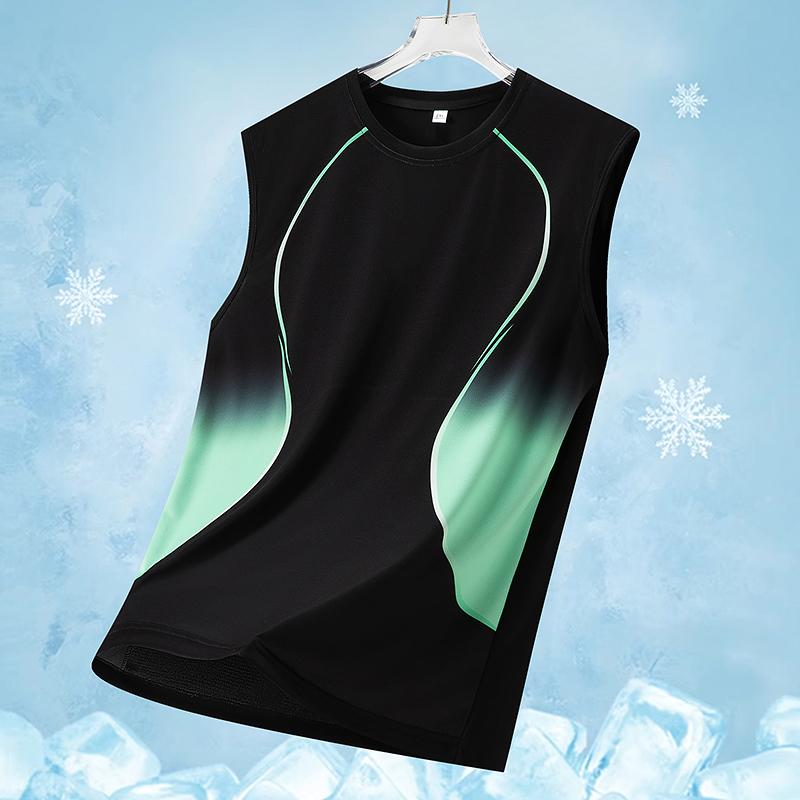 Summer Ice Silk Sleeveless Vest Men's Trendy Gradient Loose Casual Outdoor Running Vest Quick Dry Sports T-Shirt