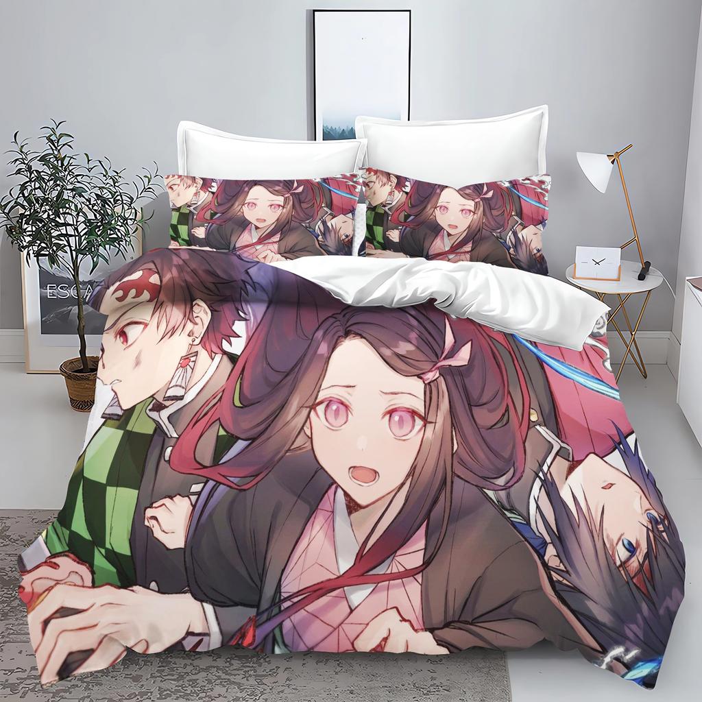 Demon slakter: Kimetsu no Yaiba kamado Nezuko Anime 100% Polyester Sengetøy Sett Dynetrekk Sett Trykt Tegneserie Hjemmeinnredning