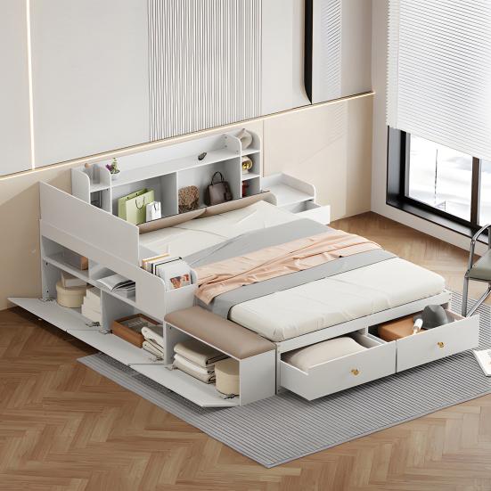 140 X 200cm Storage Bed with Drawers Headboard Built-in Storage Compartment Bedside Table Sofa Bench Strong Wood Slat Support Bed Home Furniture