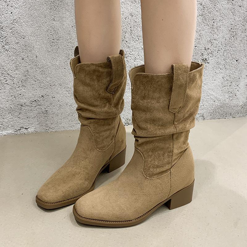 

Pointed Suede Retro Knight Boots Women s 2025 Autumn and Winter New West Pile Boots Pointed Suede Coarse Heel Knight Medium Tube 40 верблюд