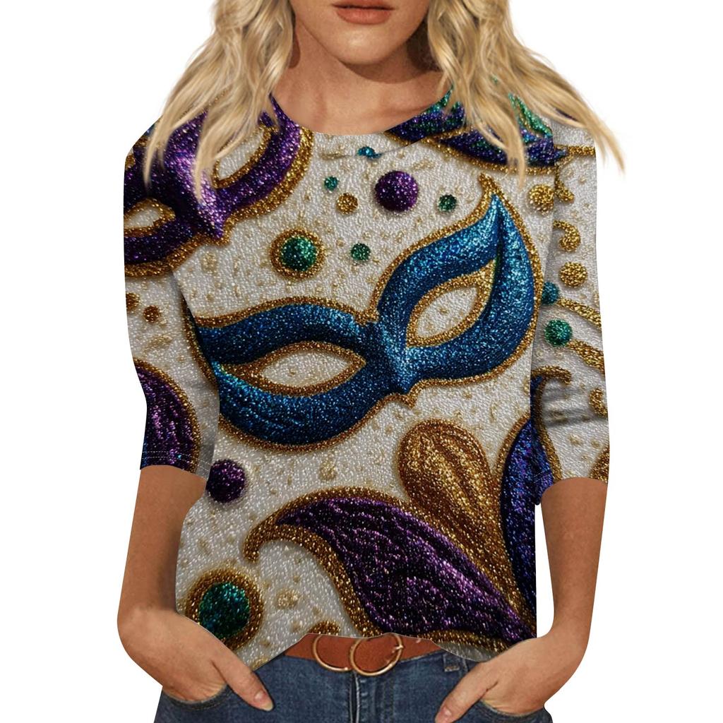 Top de Cuello con Estampado de Carnaval de Manga Tres Cuartos Casual y a la Moda para Mujer