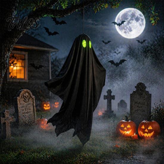 Durable Halloween Ghosts Hanging Ghost Outdoor Decoration, Spooky Black Fabric with Green Tree Decorations Eyes for Outside Tree, Porch, Yard,