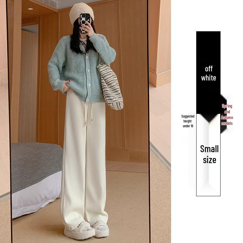 Women's High-Waisted Black Fleece-Lined Floor-Length Pants - 145cm, Straight-Leg/Narrow/Wide-Leg, Autumn/Winter, Petite 150