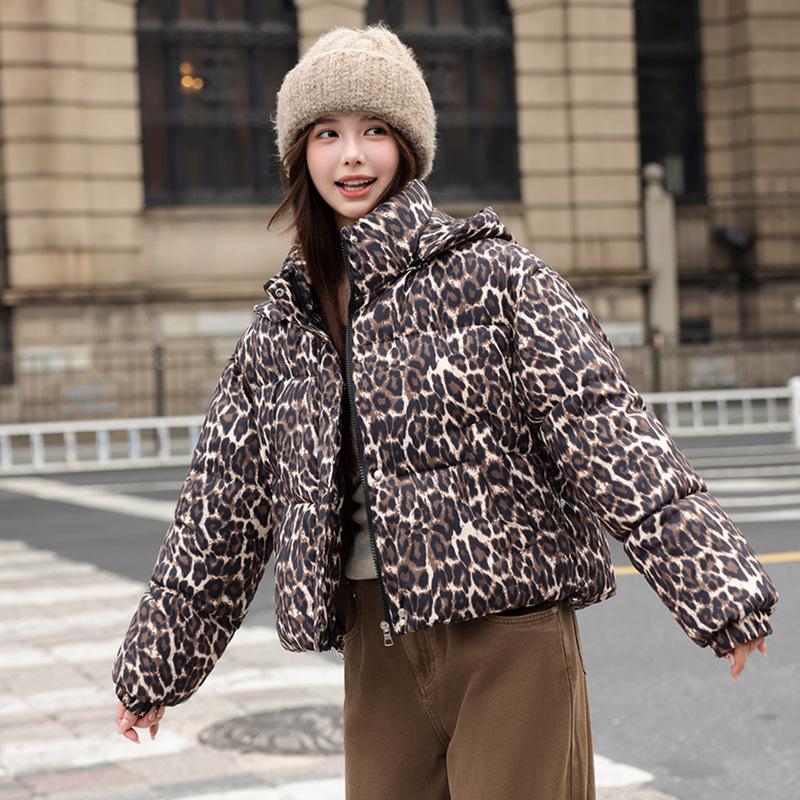 Winter New Women's Clothing Leopard Print Hooded Cotton Jacket Loose Bread Jacket Cotton Coat