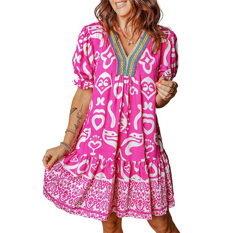 2026 Bohemian Printed Pullover Dress: Women s Short-Sleeved, Loose European & American Style S