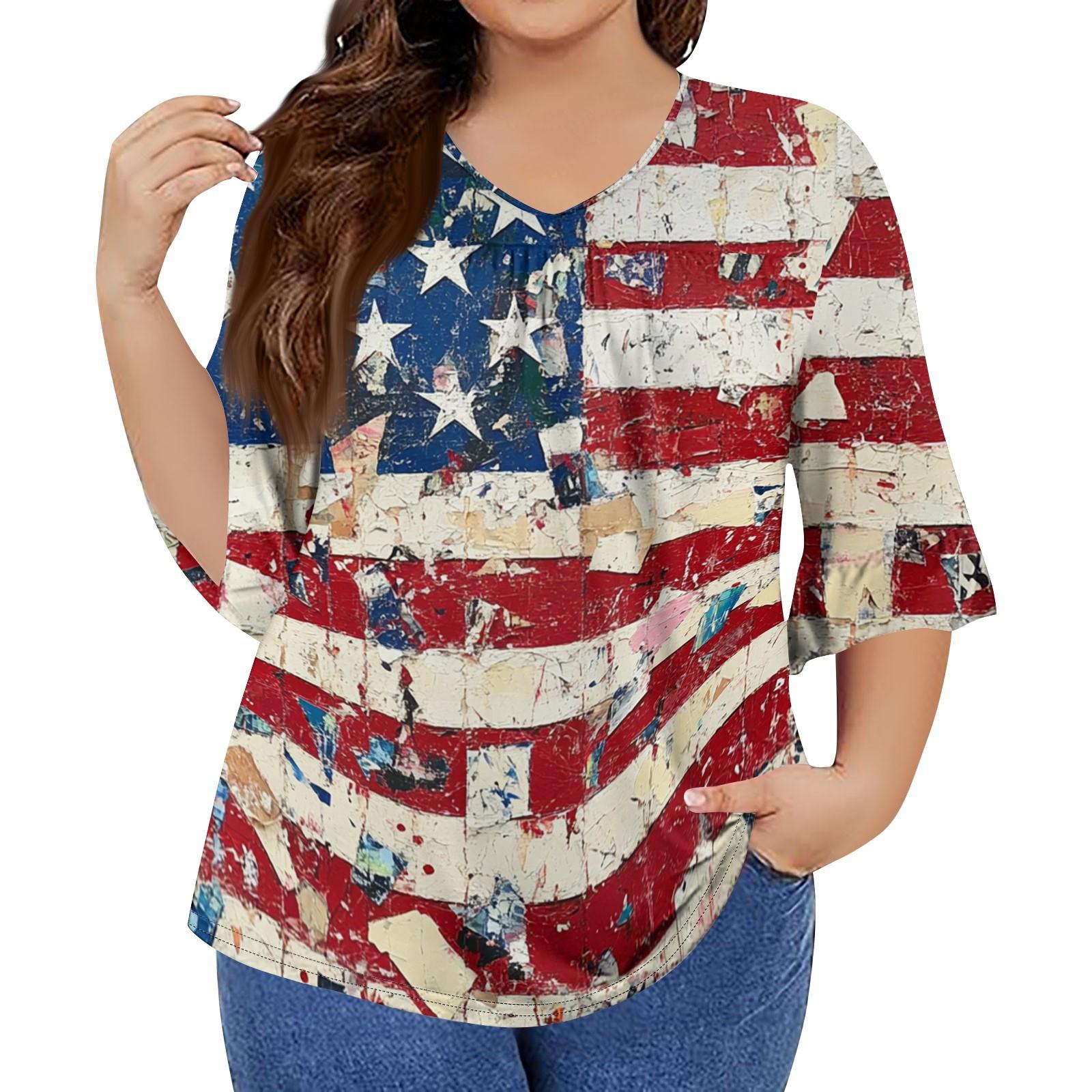 

Женская мода повседневная футболка с V-образным вырезом, рукавами-семью, оборками, принтом «День независимости», топы, женские топы больших размеров XXL бежевый