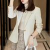 Autumn New Single-Button Slim Fit Women's Blazer Jacket, Solid Color Beige Casual Small Suit