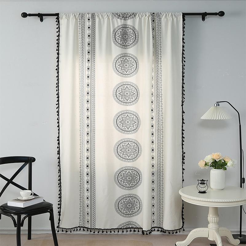 Korean Living Room Balcony Bohemian Cotton And Linen Blackout Black Printing Floor Partition Curtains