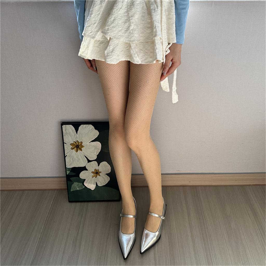 Women's Sparkling Rhinestones Fishnet Tights High Waist Stockings Solid Color Glittering Jeweled Mesh Pantyhose Leggings