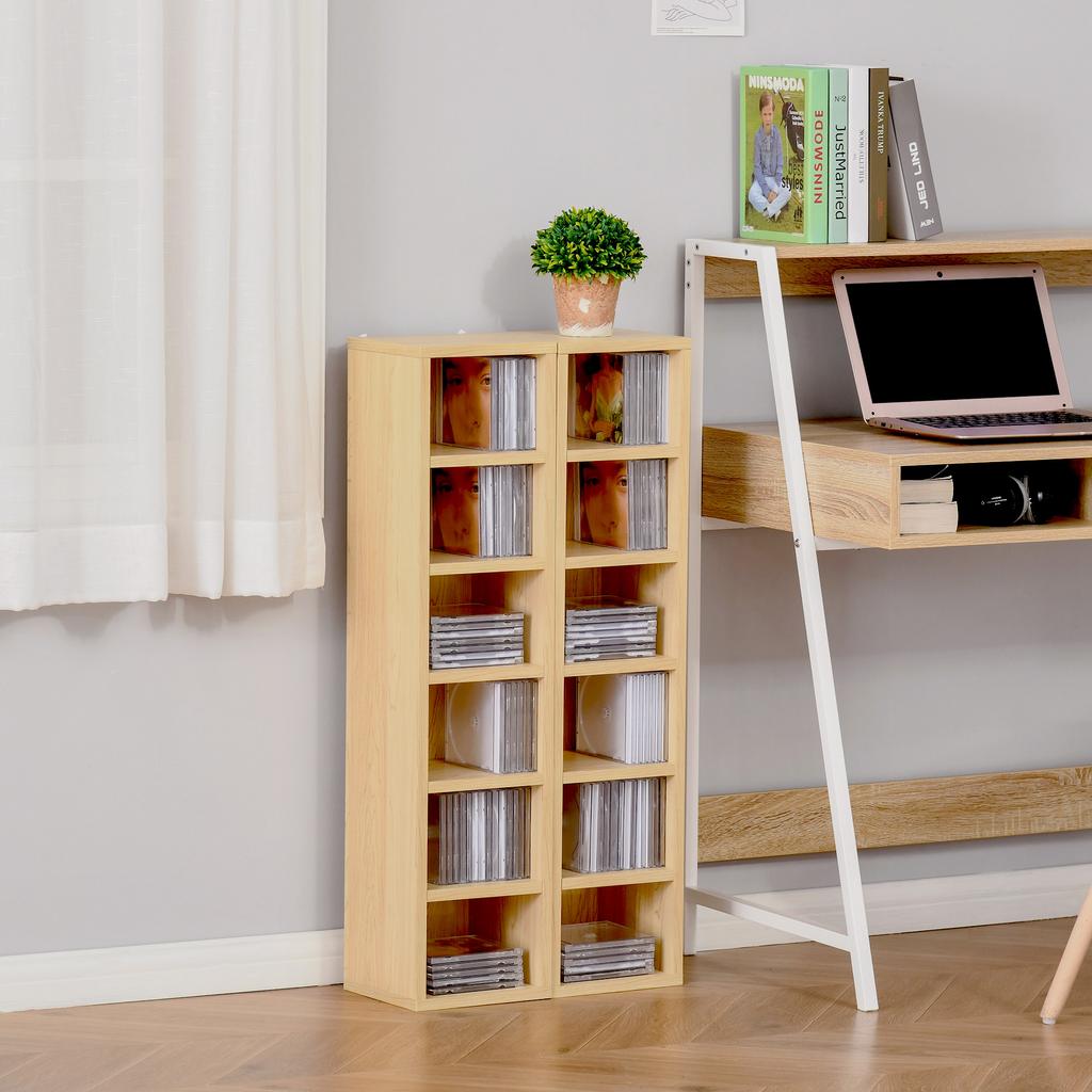 Set di 2 Scaffali a Colonna Armadietto per CD-DVD 6 + 6 Scomparti Dim. 21L x 19P x 88A cm Max. Capacità 160 CD Colore Faggio