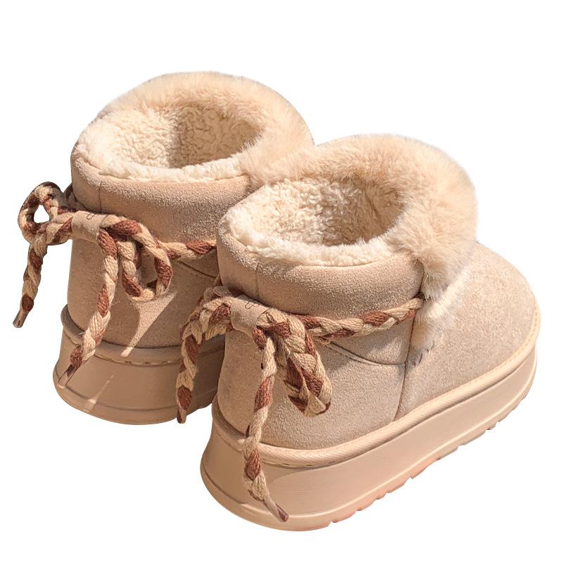 24 nowe zimowe bawełniane kapcie all-inclusive na grubej podeszwie, aksamitne śniegowce, paski z kokardami, do noszenia na zewnątrz, podwyższające, ciepłe bawełniane buty