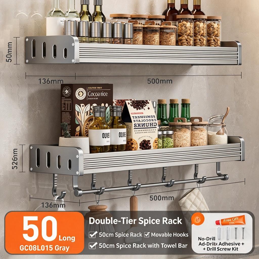 Kitchen Storage Rack Wall Mounted Knife Holder & Spice Organizer Multi-functional Seasoning Storage Shelf for Home No Drilling