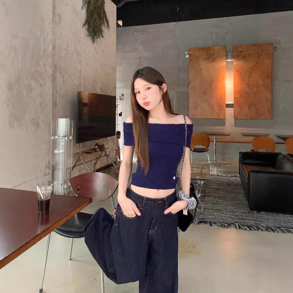 White French One-Shoulder Stretch Knit Summer Top - Women's Sweet Style Slim Fit Short Sleeve