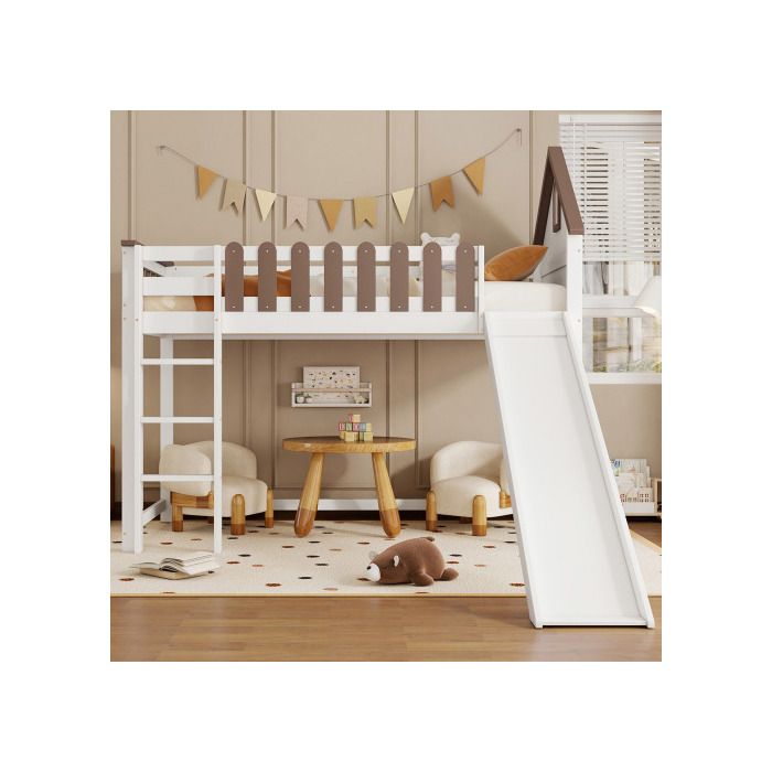 Zvýšená postel - MUVOE - 90x200cm - Bílá + Ořech - Rovný žebřík - Skluzavka