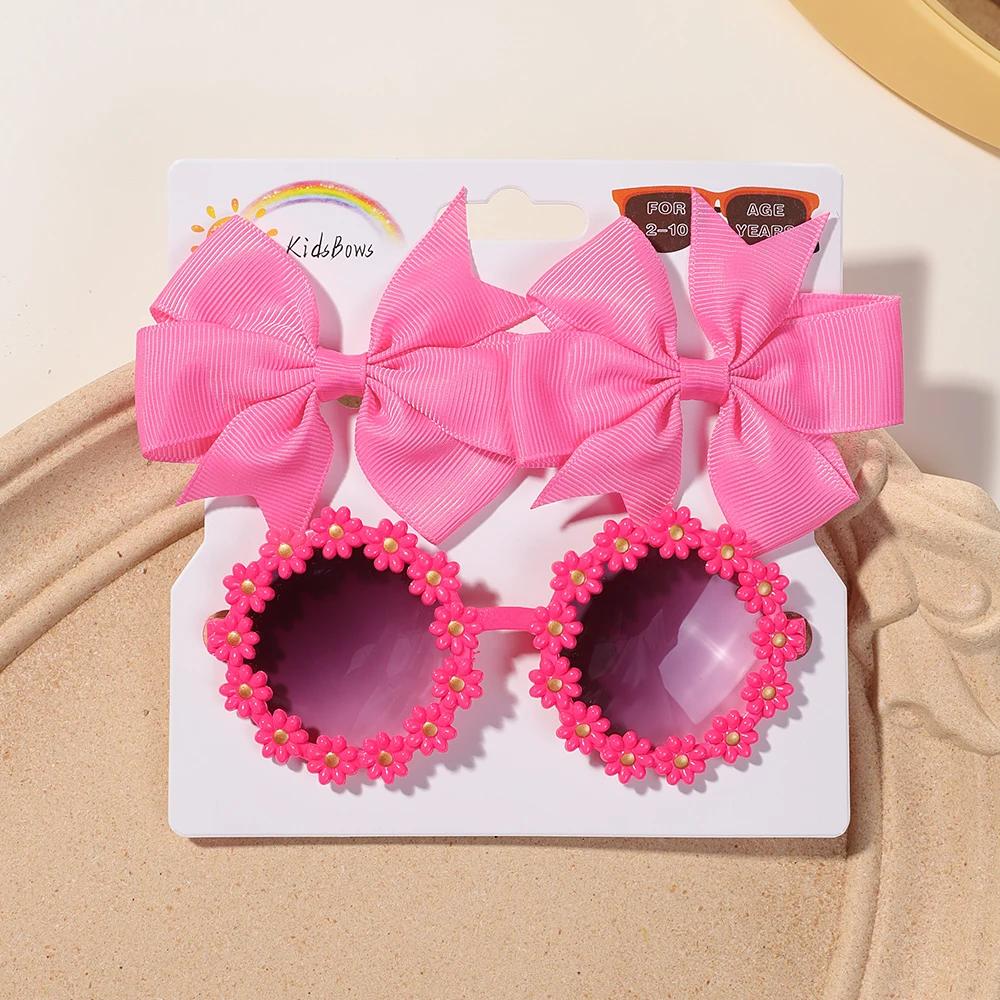 3Pcs/set Cute Girl Bow Hairclips Retro Flower Sunglasses for Kids Printing Handmade Hairgripes Kids Headwear Glasses Accessories