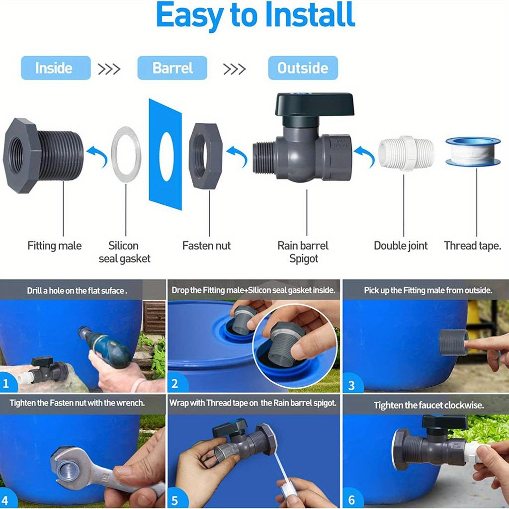 Kit de torneira de barril de água de PVC com rosca de conector universal, suporte para pendurar na parede, ferragens de instalação incluídas para jardim e barril de chuva