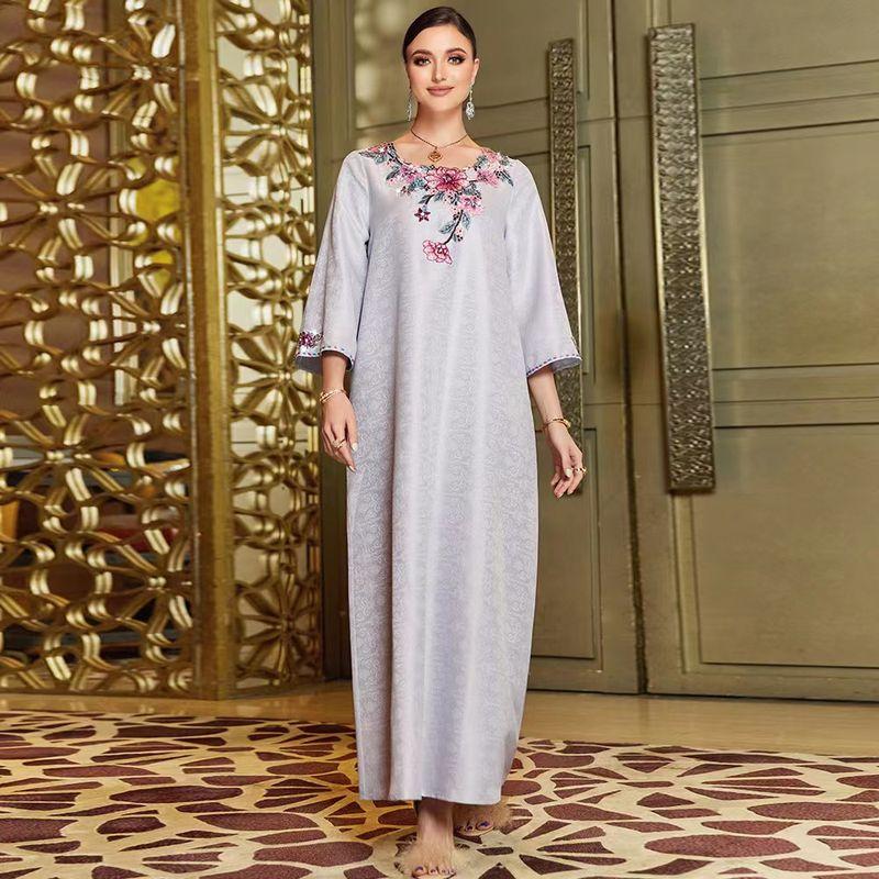 

New Arrival Ethnic Style Embroider Jacquard Dress Loose Long Dress Embroidered Jacquard Dress Purple Gray L